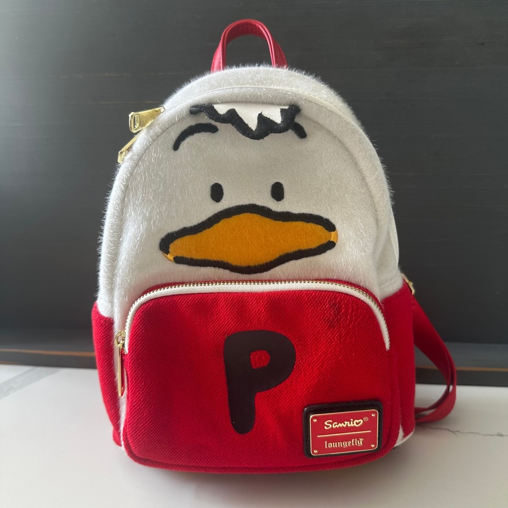 Sanrio Loungefly Pekkle Mini Backpack Red White Faux Fur Bag Duck Hello Kitty
